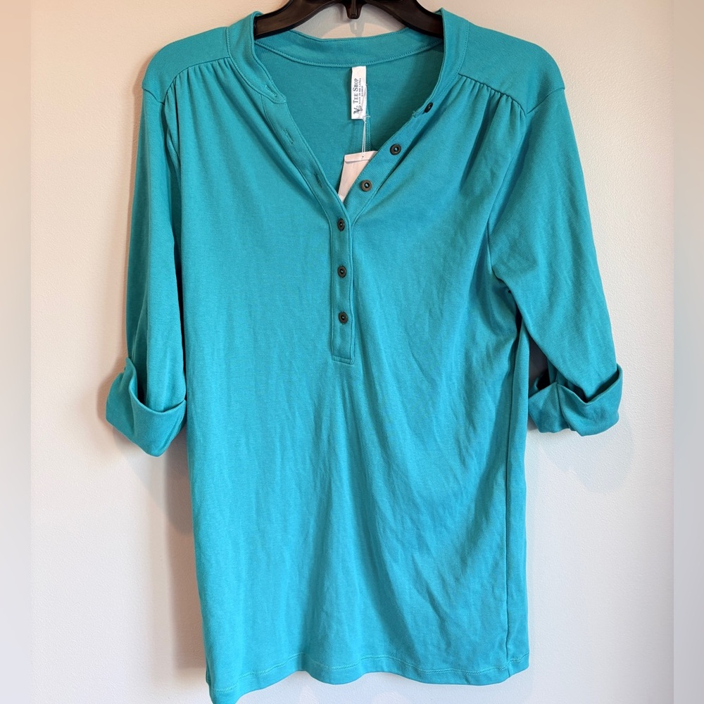 NWT Tee Shop Teal Button-Up 3/4 Sleeve Shirt XL‎